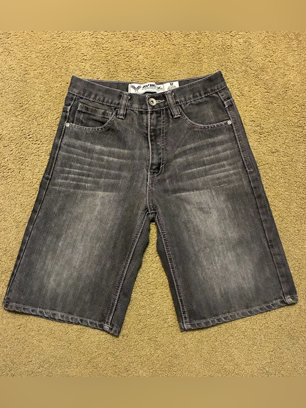 Avirex Boys Gray Denim Jean Shorts Size 12 Long Baggy Skater Biker Grunge
